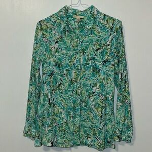 Appleseed’s Crinkle Collared Button Down Shirt Green Palm Print Women’s Small S